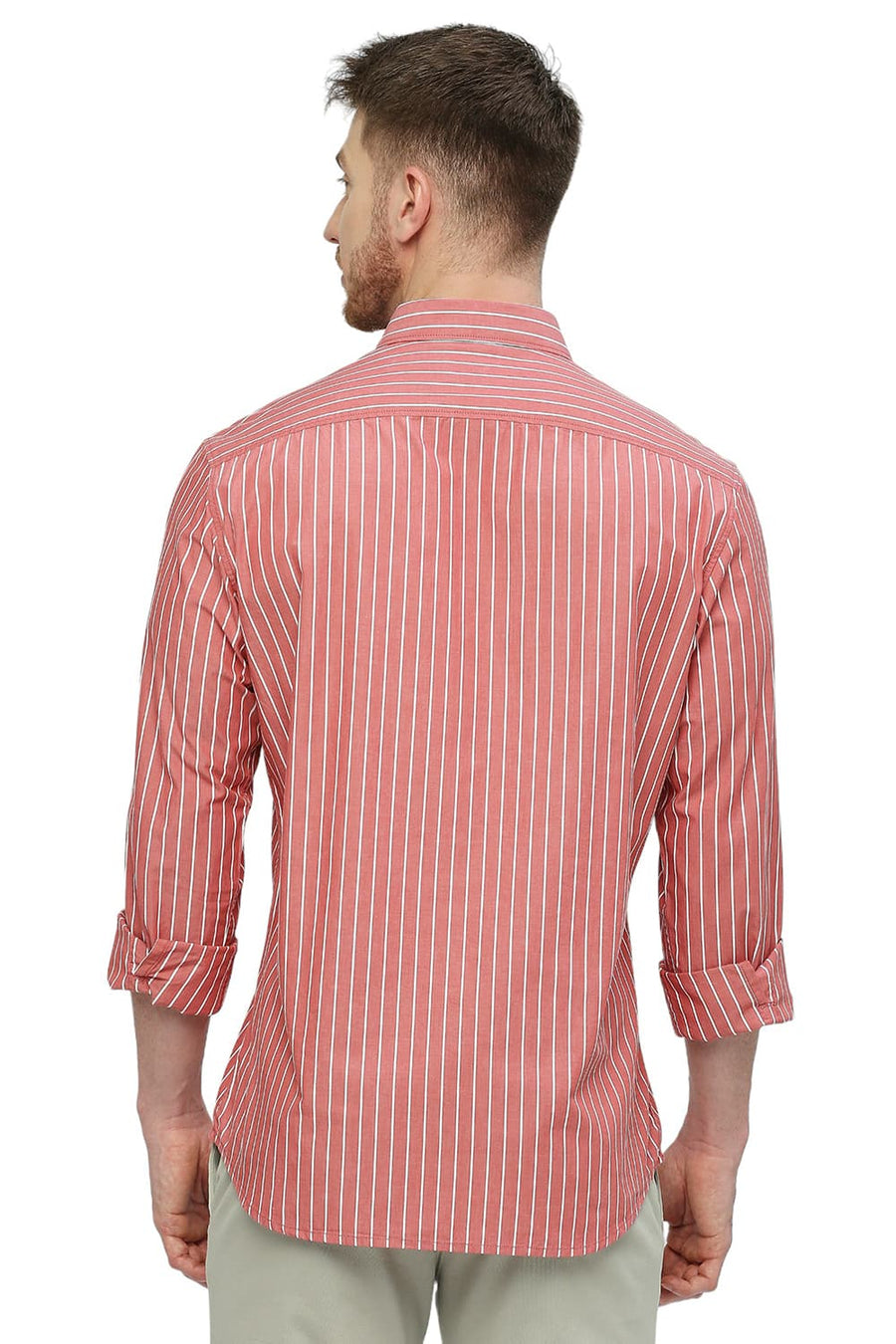 BASICS SLIM FIT MINERAL RED COTTON STRIPE SHIRT
