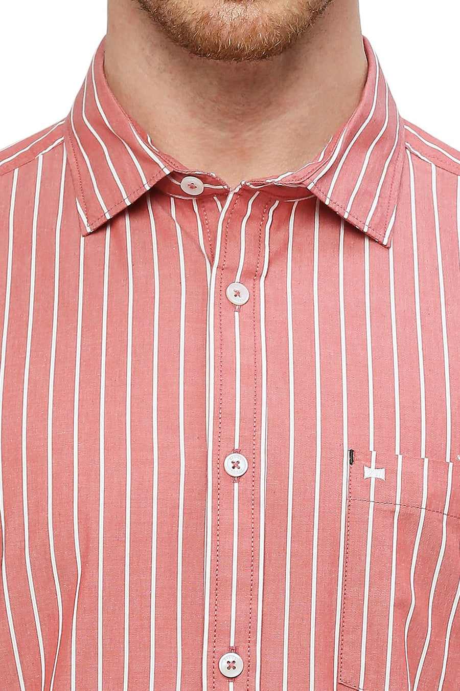 BASICS SLIM FIT MINERAL RED COTTON STRIPE SHIRT