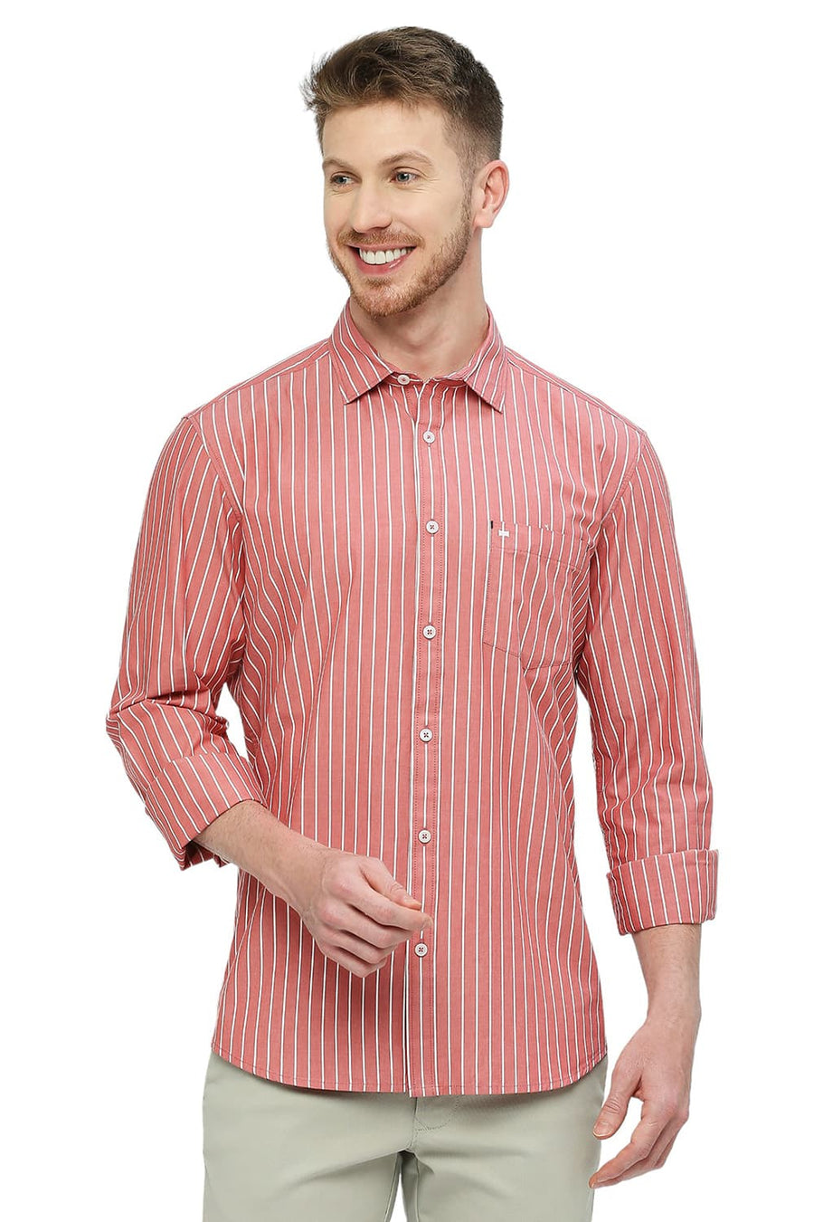 BASICS SLIM FIT MINERAL RED COTTON STRIPE SHIRT