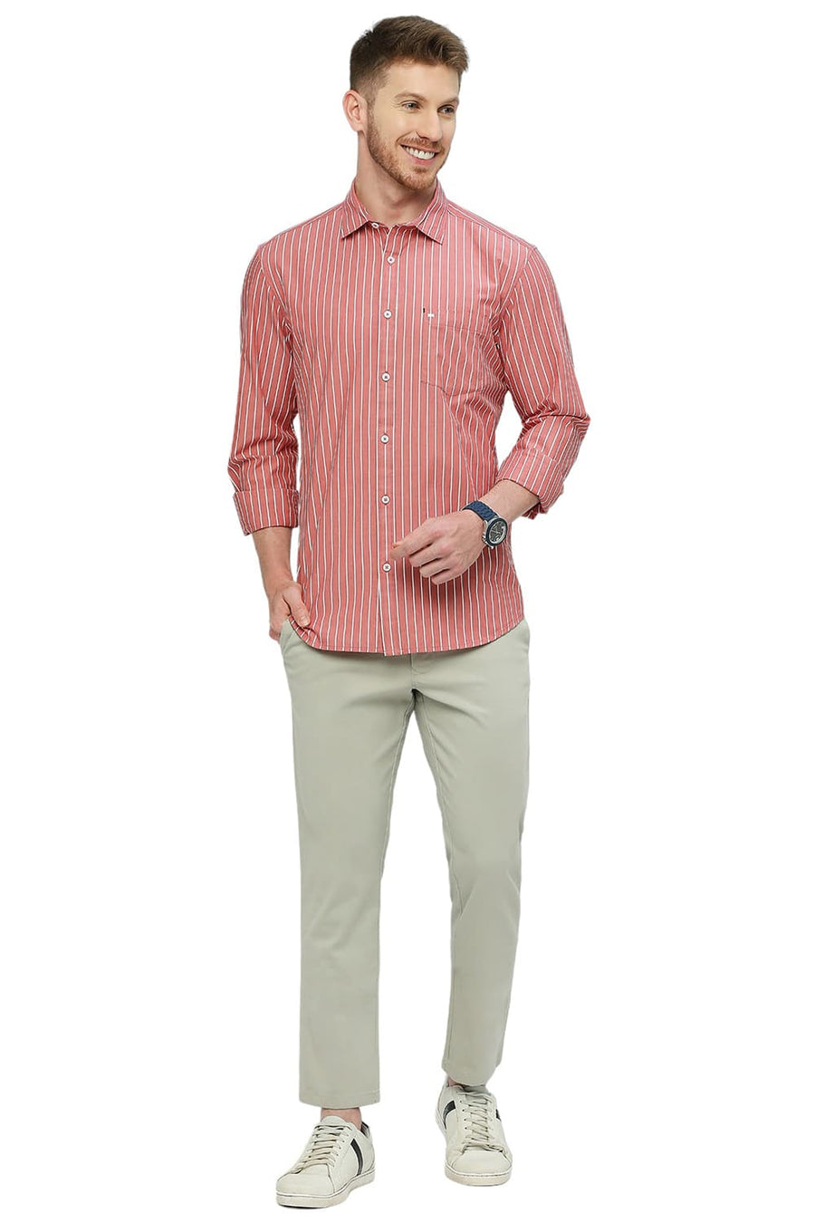 BASICS SLIM FIT MINERAL RED COTTON STRIPE SHIRT