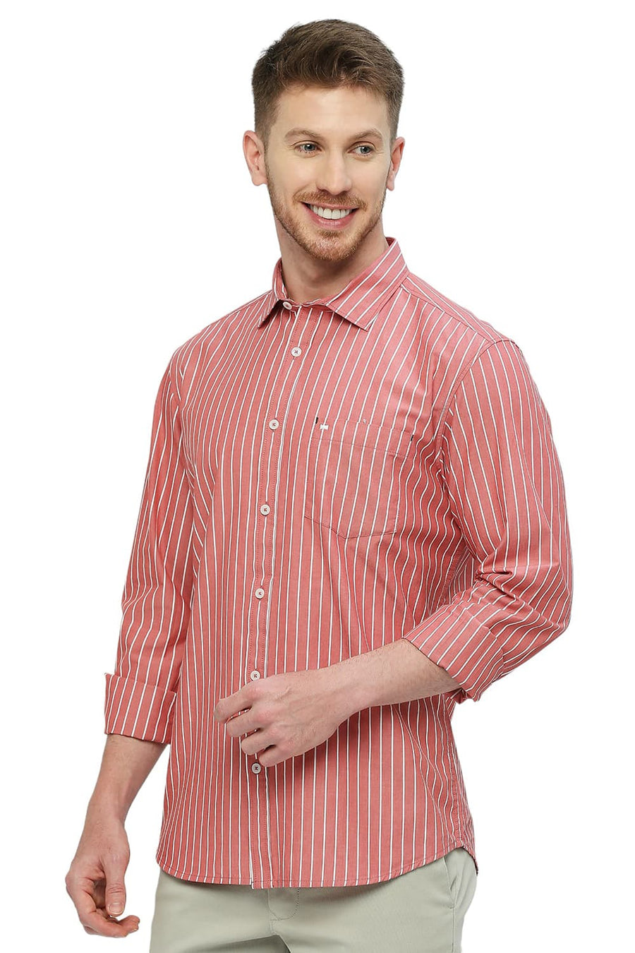 BASICS SLIM FIT MINERAL RED COTTON STRIPE SHIRT