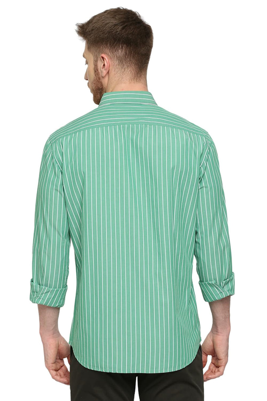 BASICS SLIM FIT SEA GREEN COTTON STRIPE SHIRT