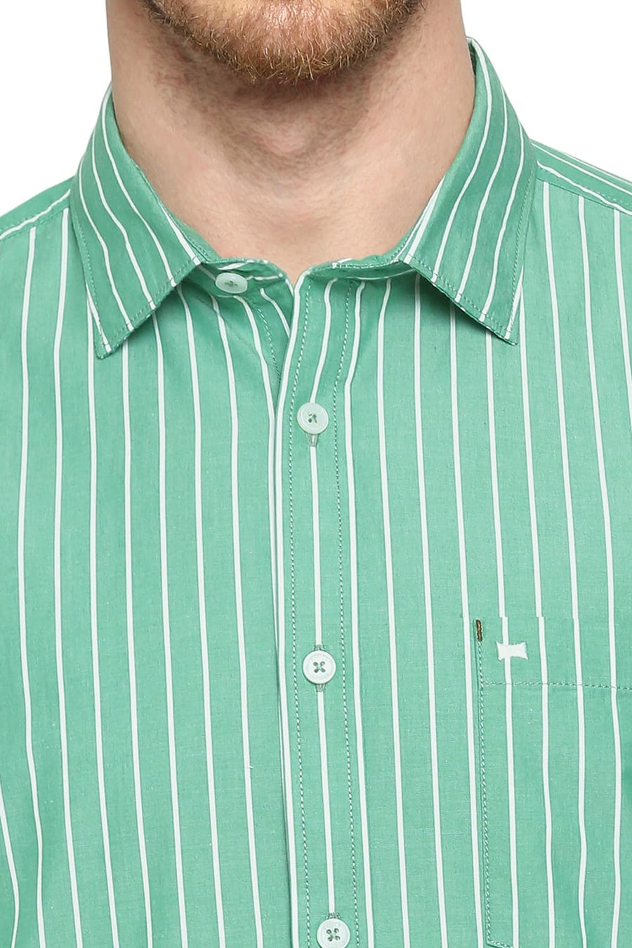 BASICS SLIM FIT SEA GREEN COTTON STRIPE SHIRT
