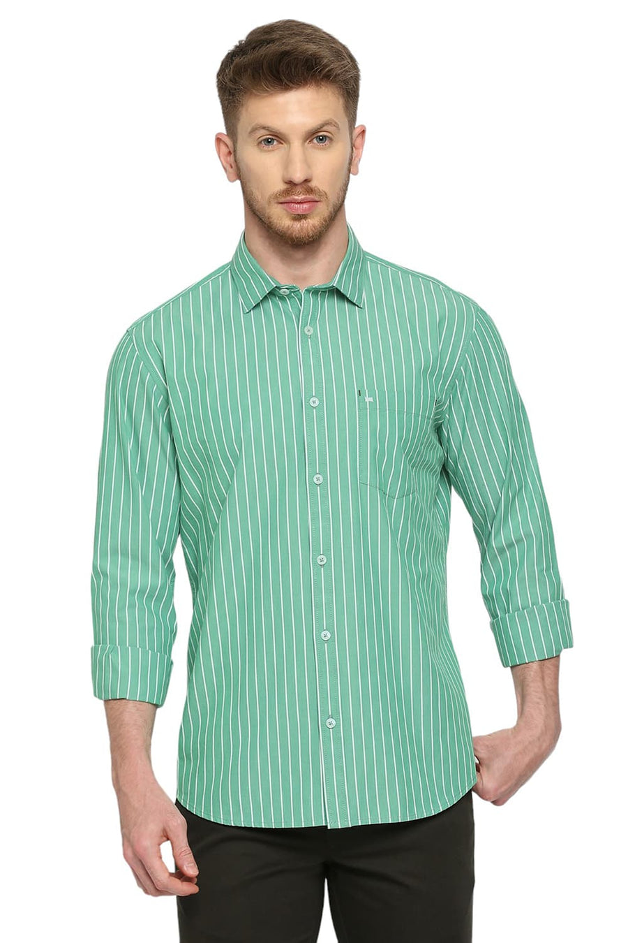 BASICS SLIM FIT SEA GREEN COTTON STRIPE SHIRT