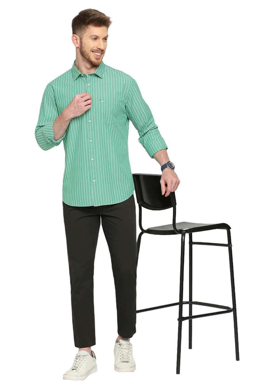BASICS SLIM FIT SEA GREEN COTTON STRIPE SHIRT