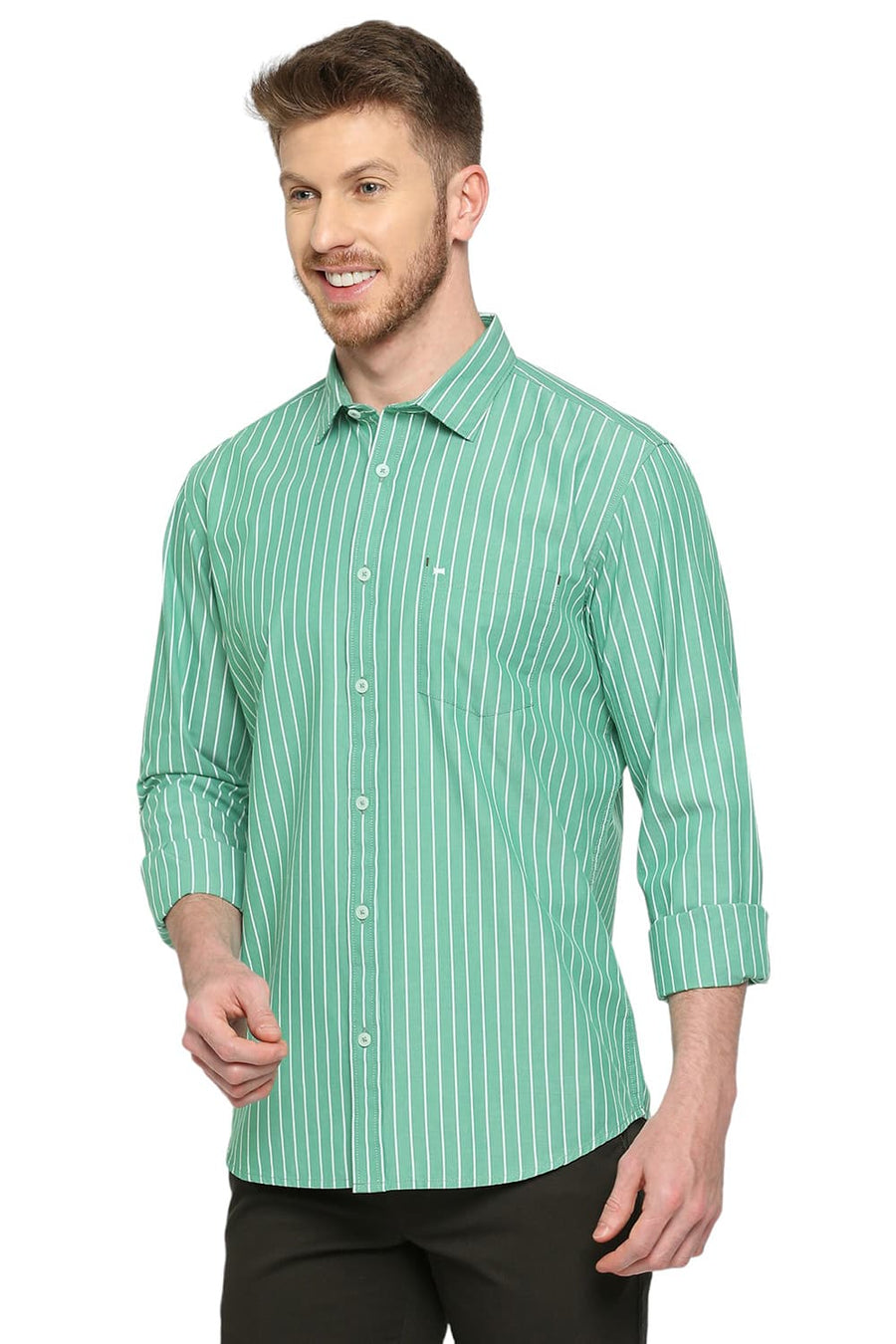 BASICS SLIM FIT SEA GREEN COTTON STRIPE SHIRT