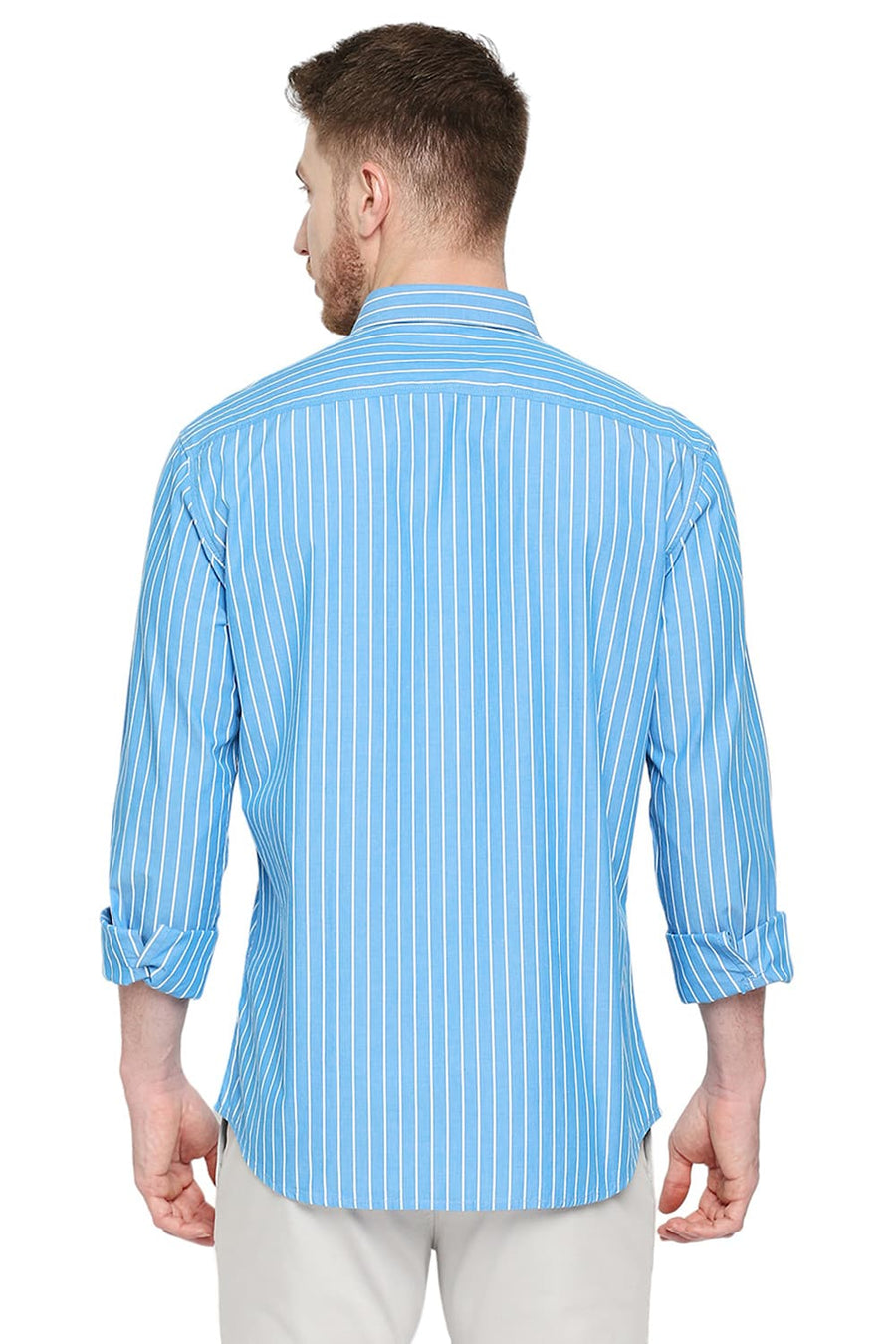 BASICS SLIM FIT FAIENCE BLUE COTTON STRIPE SHIRT