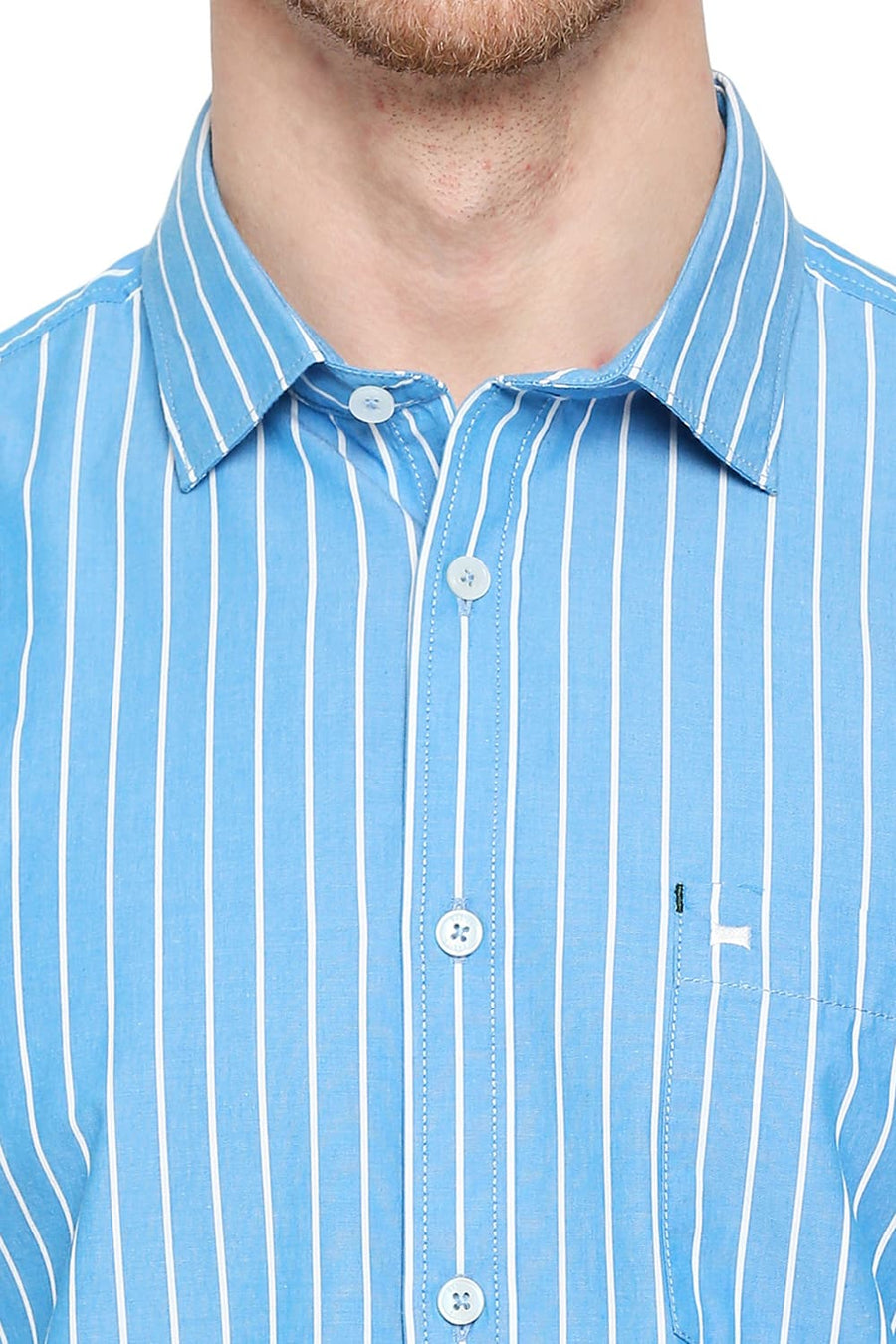 BASICS SLIM FIT FAIENCE BLUE COTTON STRIPE SHIRT