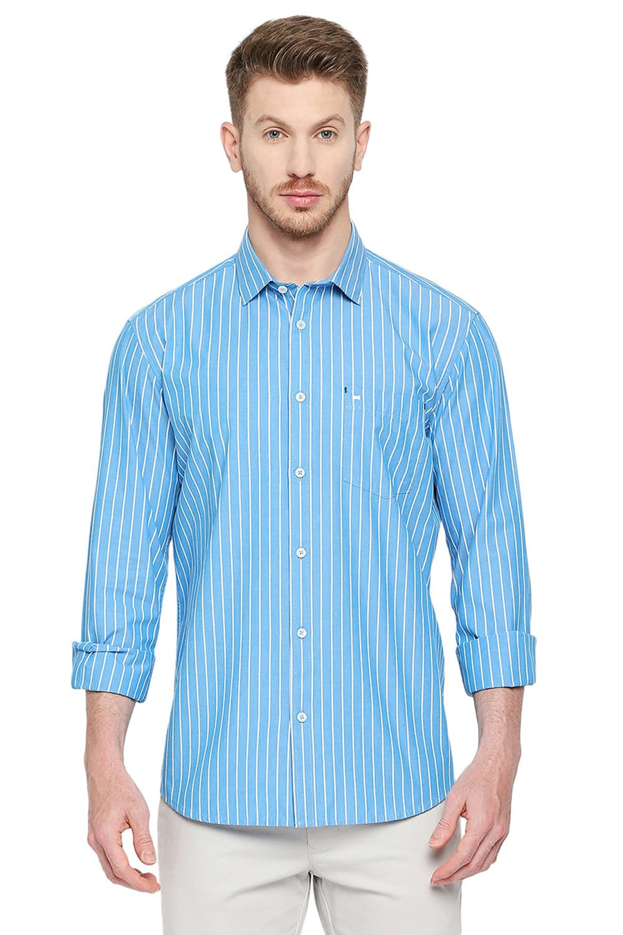 BASICS SLIM FIT FAIENCE BLUE COTTON STRIPE SHIRT