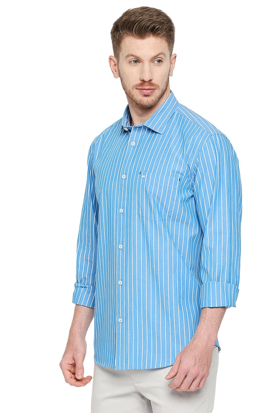 BASICS SLIM FIT FAIENCE BLUE COTTON STRIPE SHIRT