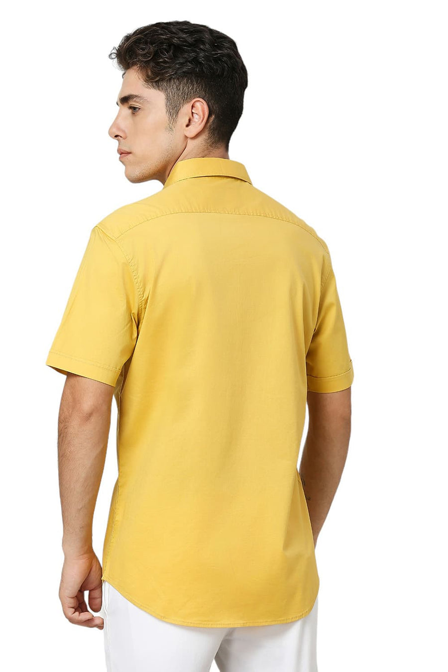BASICS SLIM FIT CALENDULA YELLOW COTTON TWILL HALFSLEEVES SHIRT