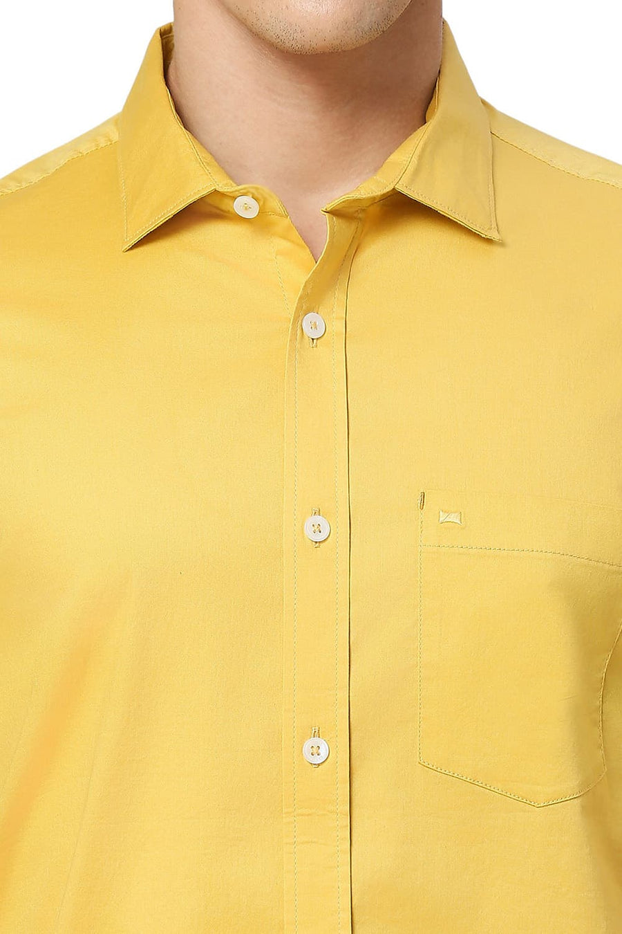 BASICS SLIM FIT CALENDULA YELLOW COTTON TWILL HALFSLEEVES SHIRT