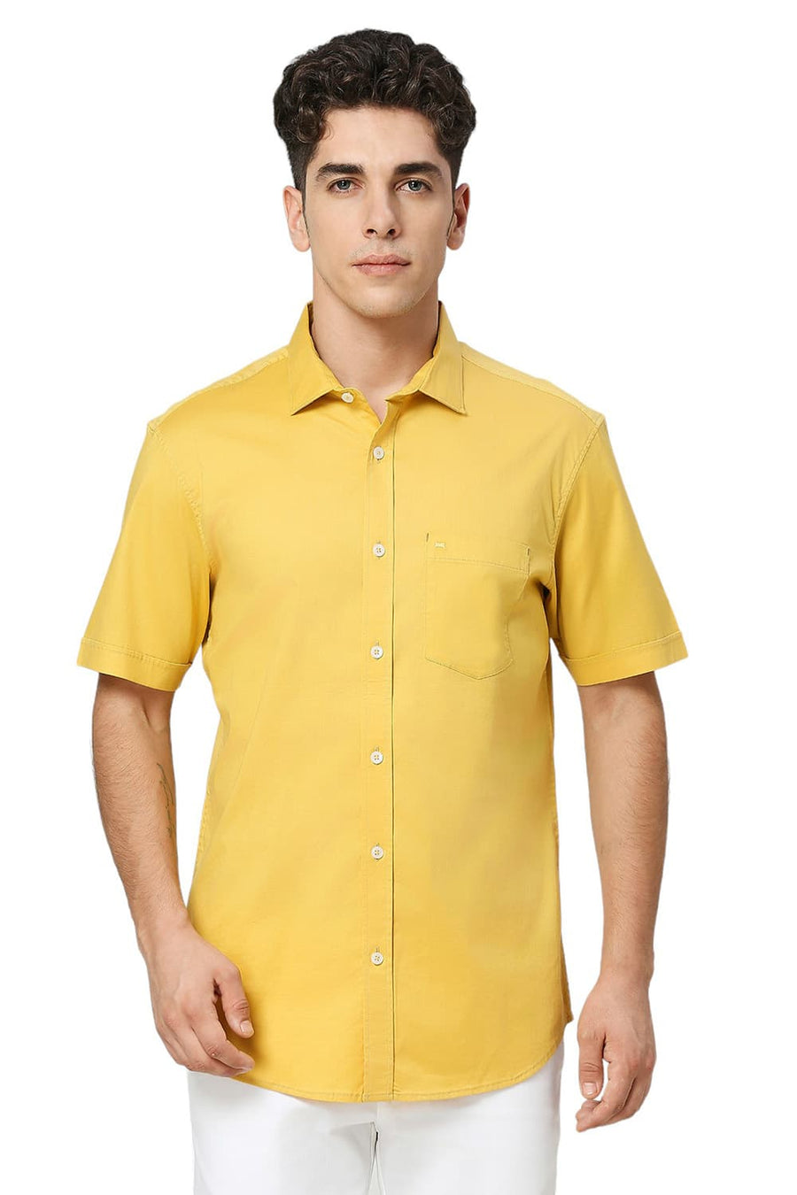 BASICS SLIM FIT CALENDULA YELLOW COTTON TWILL HALFSLEEVES SHIRT
