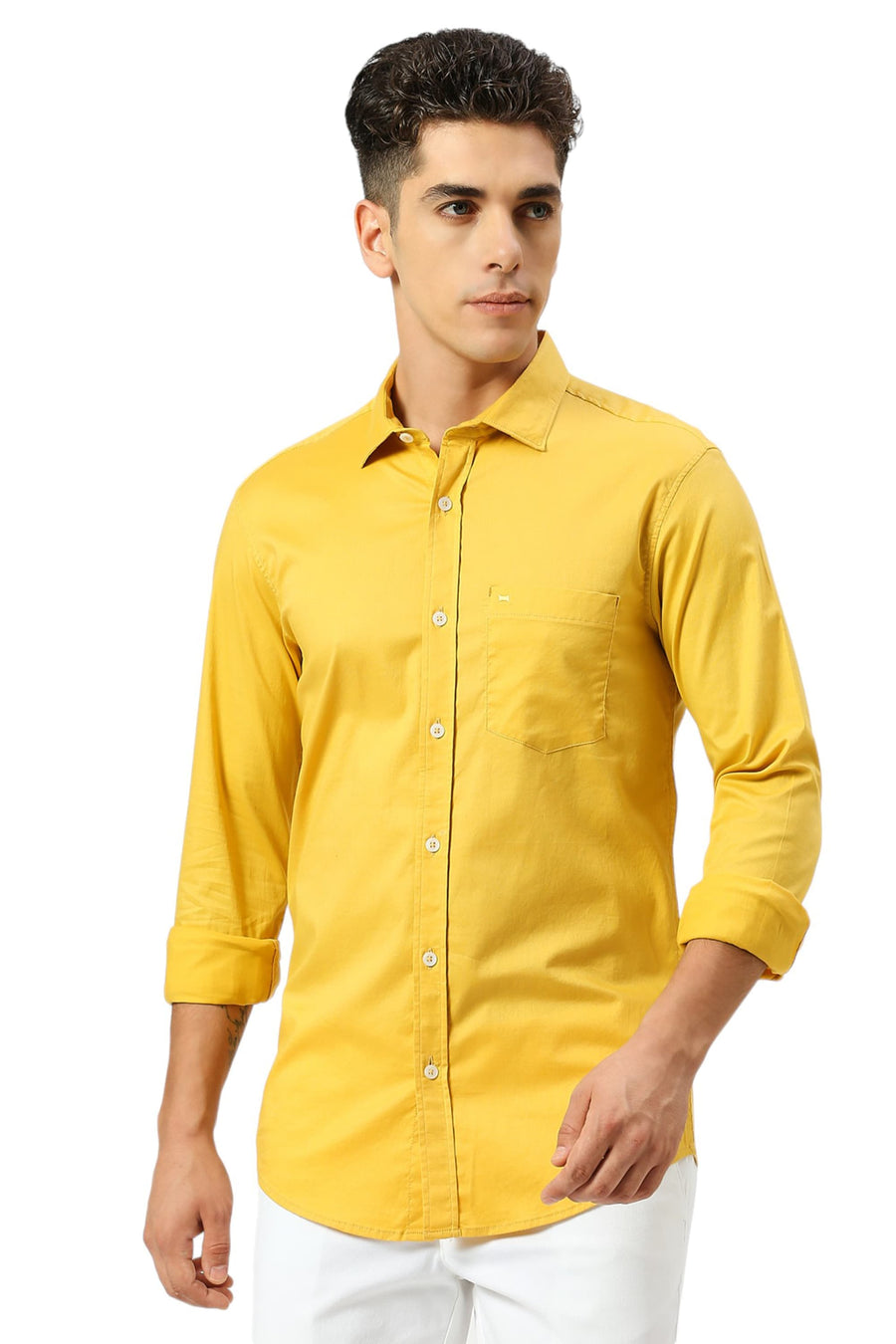 BASICS SLIM FIT CALENDULA YELLOW COTTON TWILL SHIRT