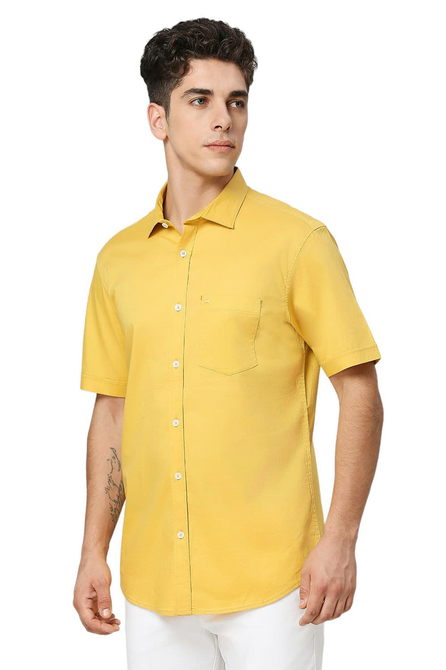 BASICS SLIM FIT CALENDULA YELLOW COTTON TWILL HALFSLEEVES SHIRT