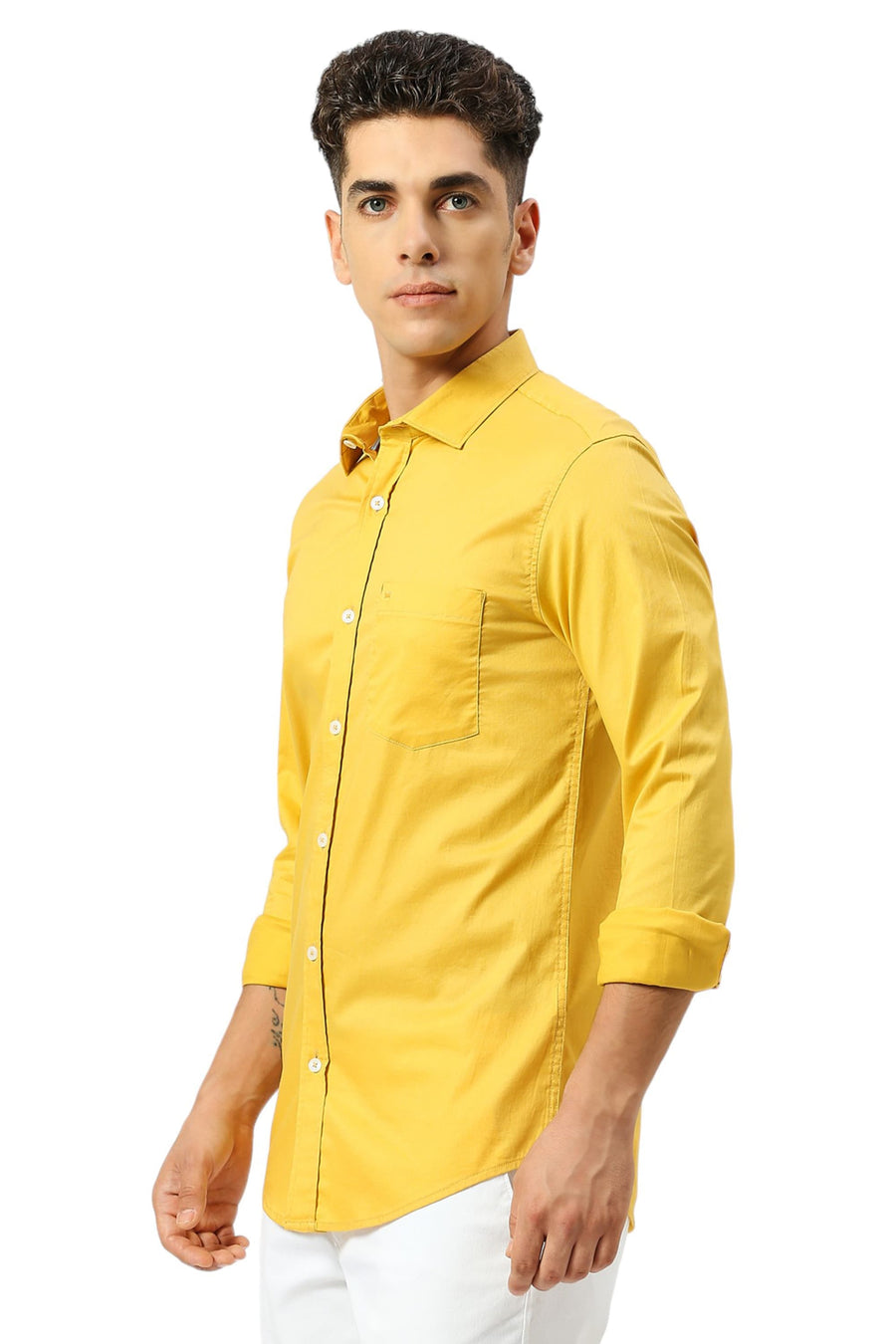 BASICS SLIM FIT CALENDULA YELLOW COTTON TWILL SHIRT