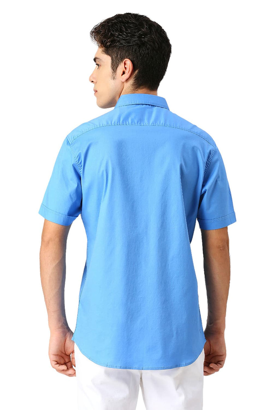 BASICS SLIM FIT SONIC BLUE COTTON TWILL HALFSLEEVES SHIRT