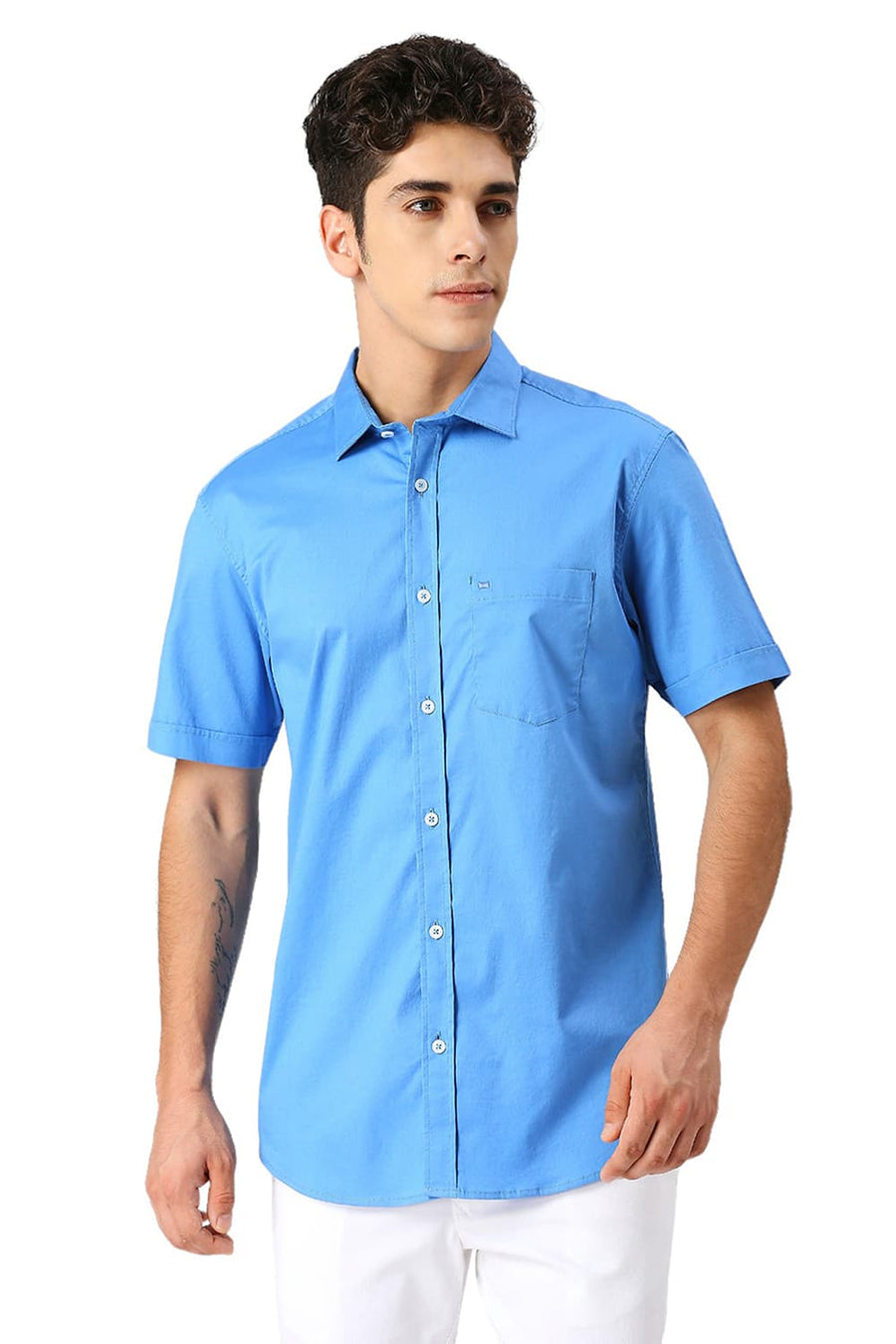BASICS SLIM FIT SONIC BLUE COTTON TWILL HALFSLEEVES SHIRT