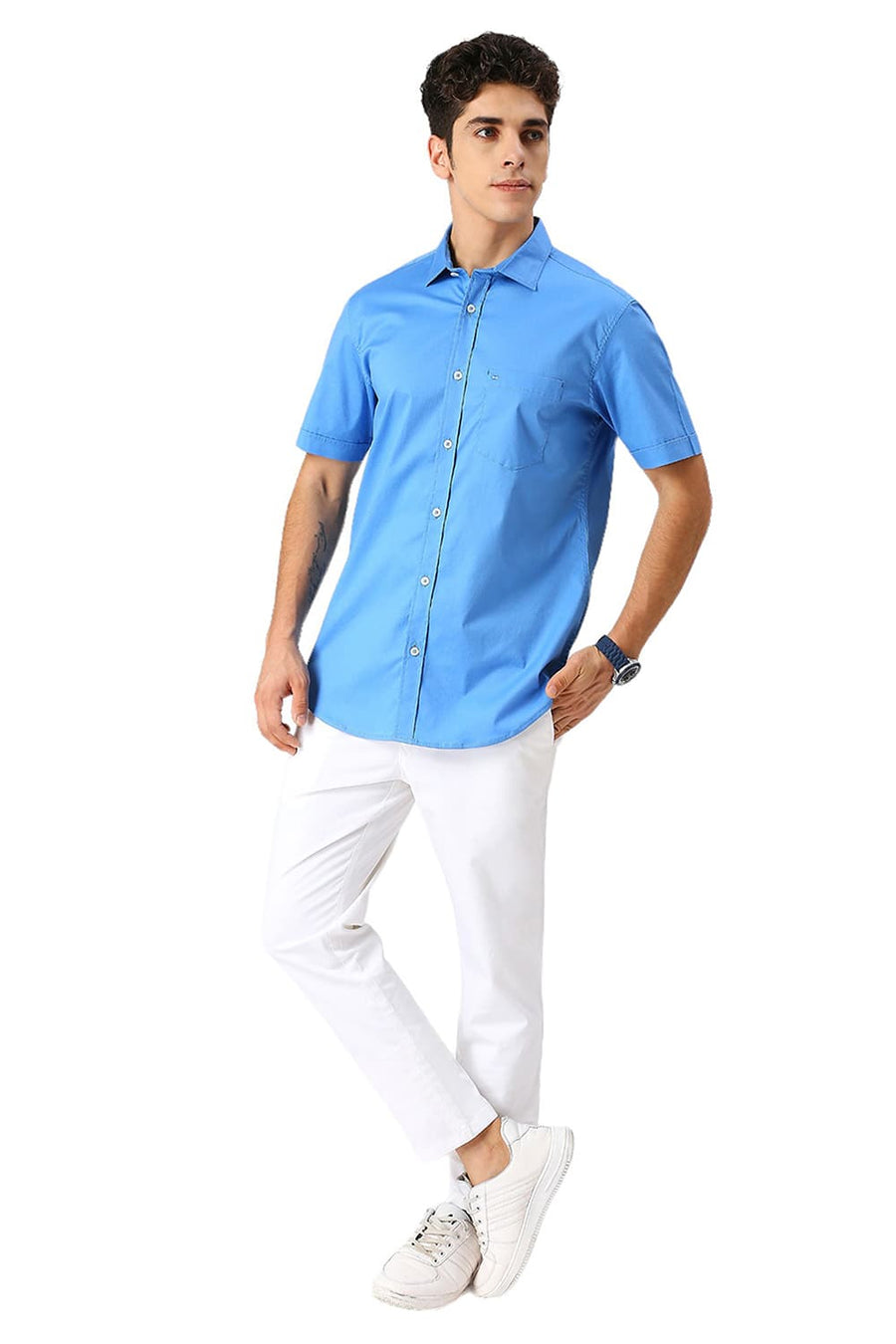 BASICS SLIM FIT SONIC BLUE COTTON TWILL HALFSLEEVES SHIRT