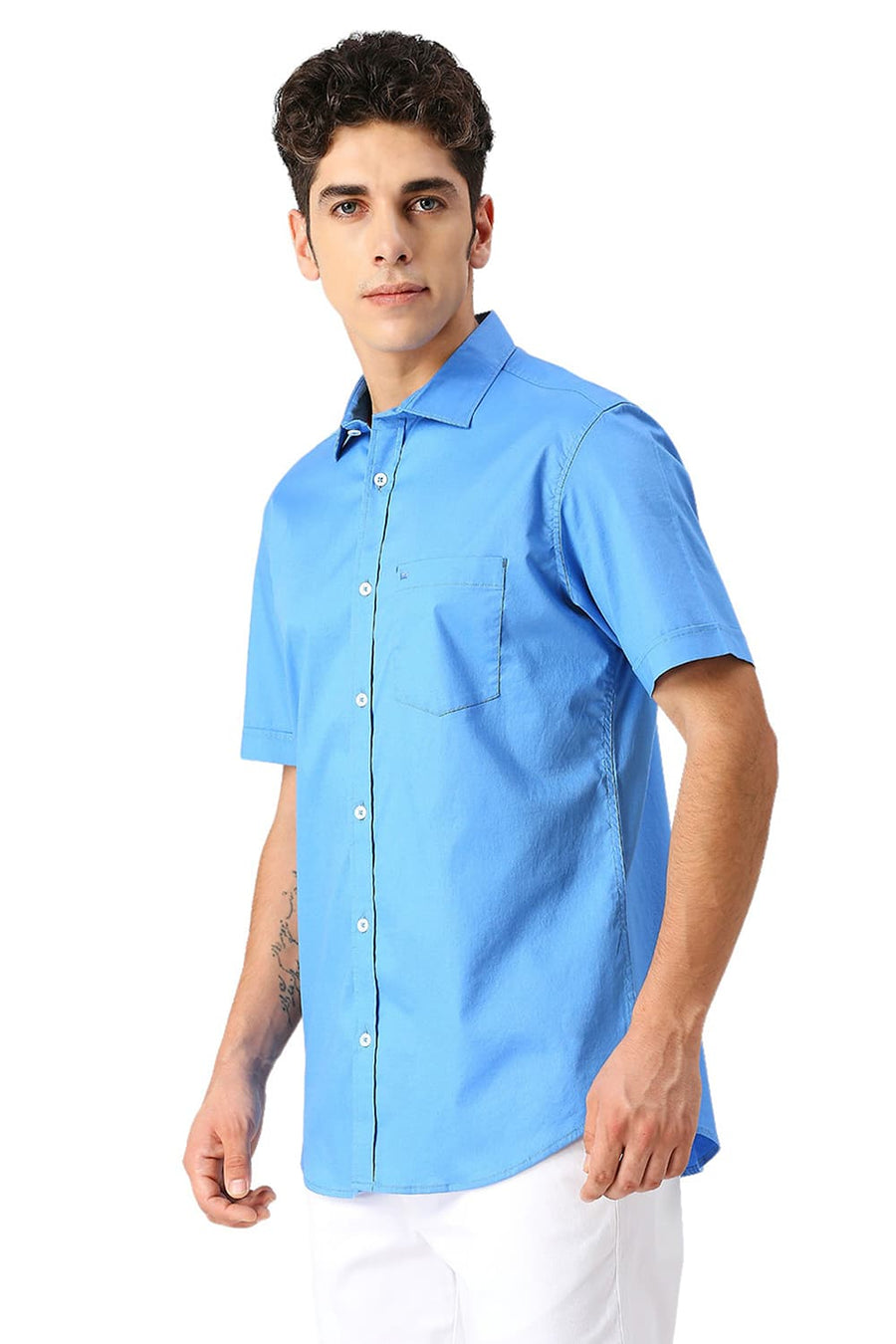 BASICS SLIM FIT SONIC BLUE COTTON TWILL HALFSLEEVES SHIRT