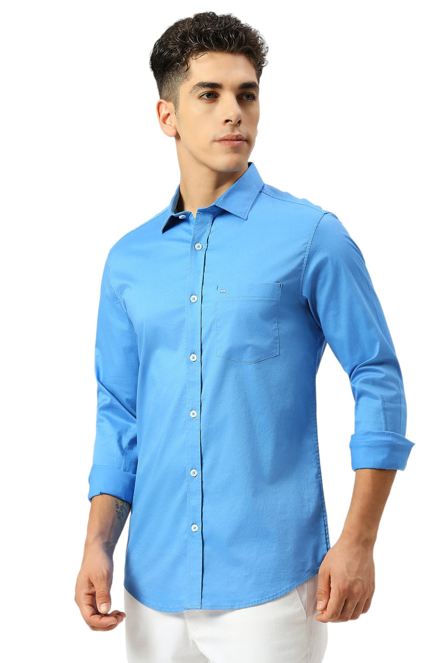 BASICS SLIM FIT SONIC BLUE COTTON TWILL SHIRT