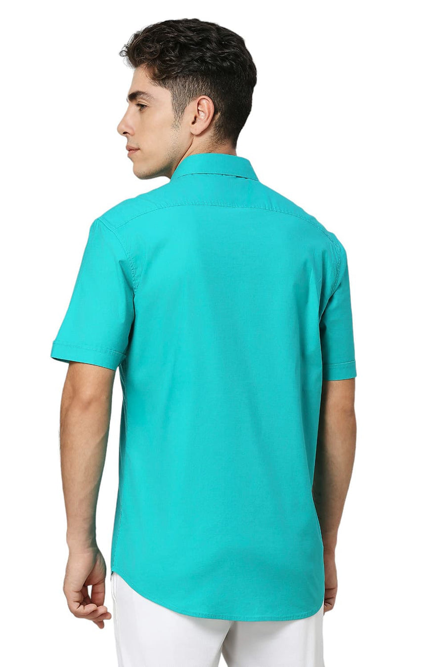 BASICS SLIM FIT OCEAN GREEN COTTON TWILL HALFSLEEVES SHIRT