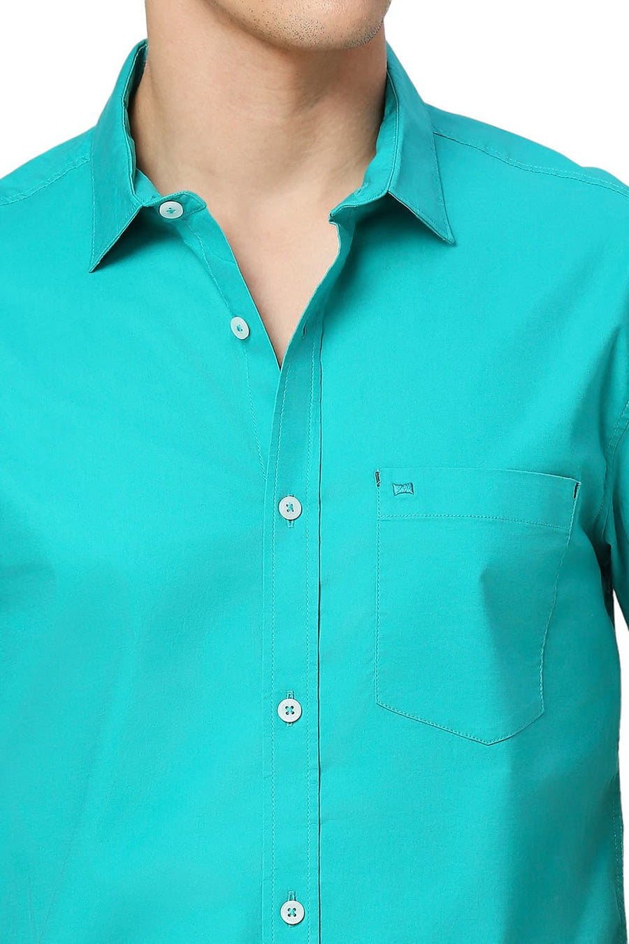 BASICS SLIM FIT OCEAN GREEN COTTON TWILL HALFSLEEVES SHIRT
