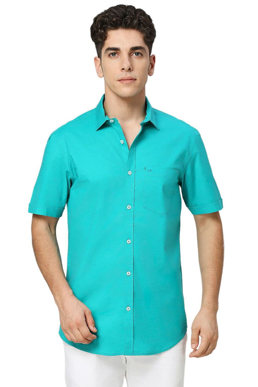 BASICS SLIM FIT OCEAN GREEN COTTON TWILL HALFSLEEVES SHIRT