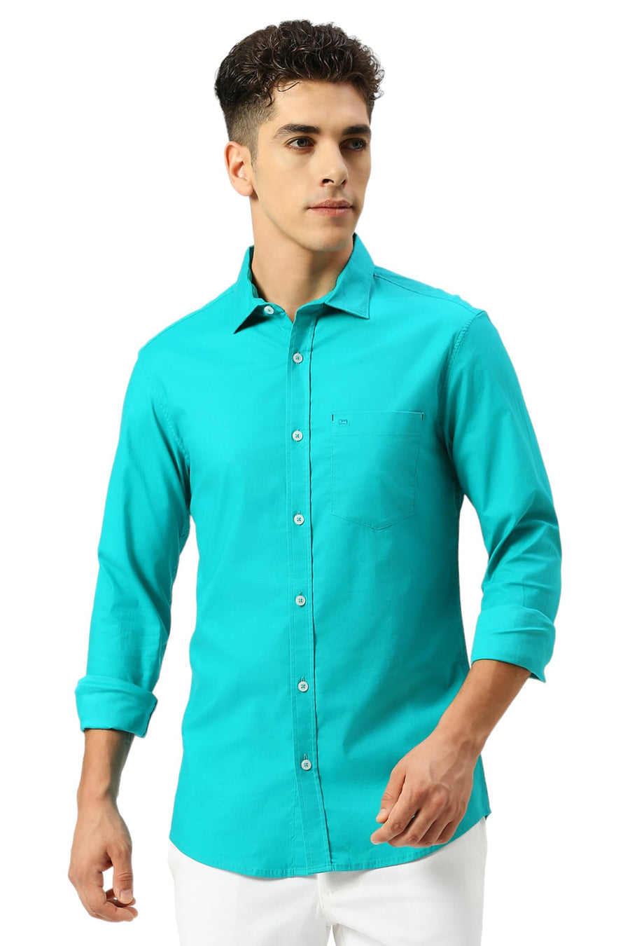 BASICS SLIM FIT OCEAN GREEN COTTON TWILL SHIRT