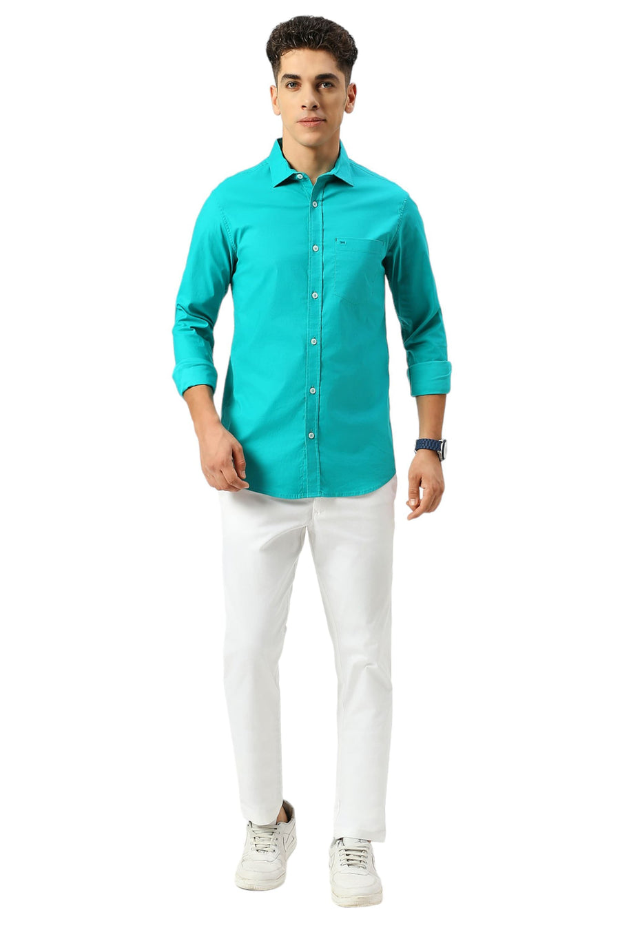BASICS SLIM FIT OCEAN GREEN COTTON TWILL SHIRT