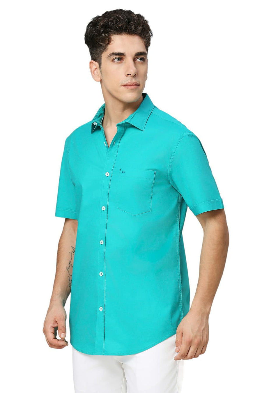 BASICS SLIM FIT OCEAN GREEN COTTON TWILL HALFSLEEVES SHIRT
