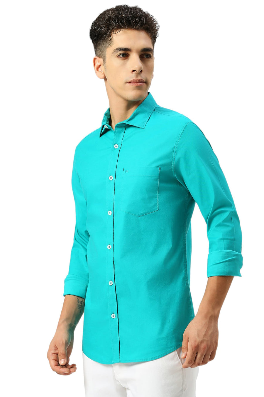 BASICS SLIM FIT OCEAN GREEN COTTON TWILL SHIRT