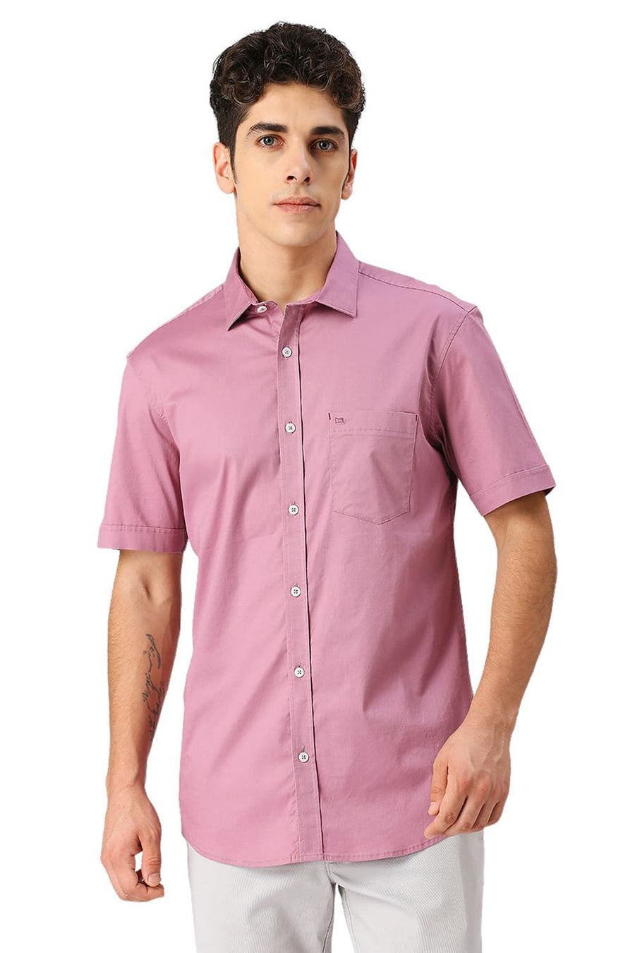 BASICS SLIM FIT LILAS PINK COTTON TWILL HALFSLEEVES SHIRT