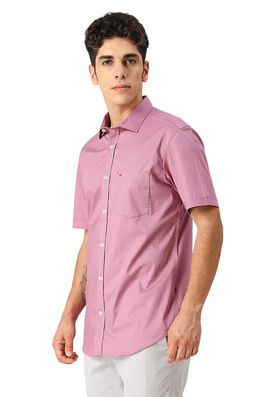 BASICS SLIM FIT LILAS PINK COTTON TWILL HALFSLEEVES SHIRT