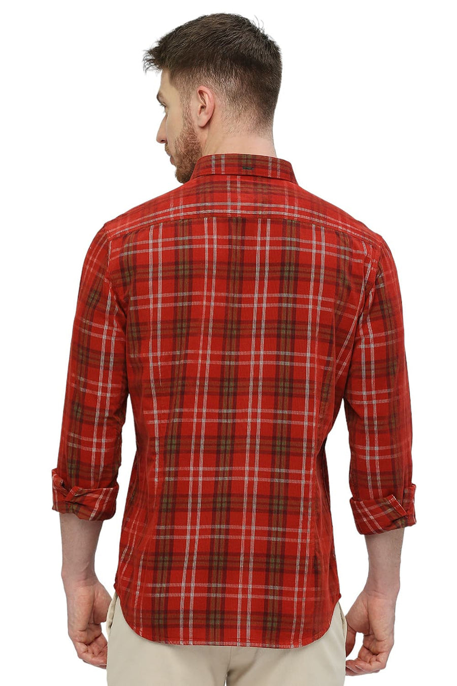 BASICS SLIM FIT MOLTEN LAVA RED COTTON CORDUROY CHECKS SHIRT