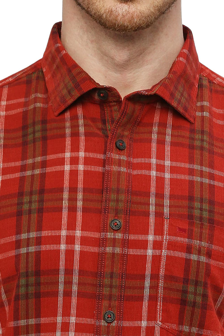 BASICS SLIM FIT MOLTEN LAVA RED COTTON CORDUROY CHECKS SHIRT