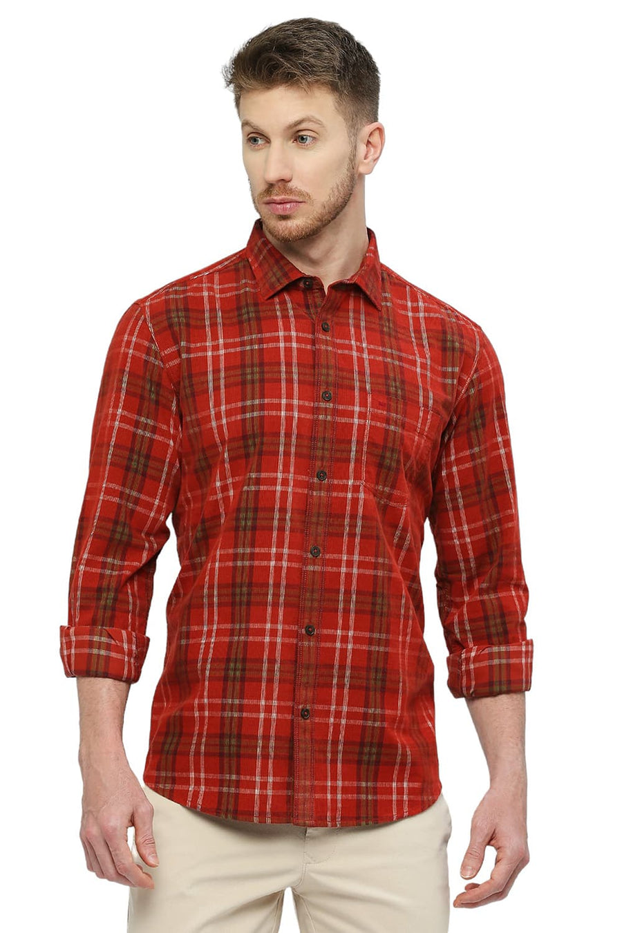 BASICS SLIM FIT MOLTEN LAVA RED COTTON CORDUROY CHECKS SHIRT