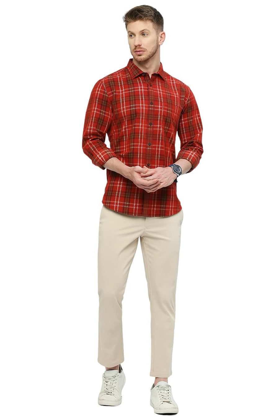 BASICS SLIM FIT MOLTEN LAVA RED COTTON CORDUROY CHECKS SHIRT