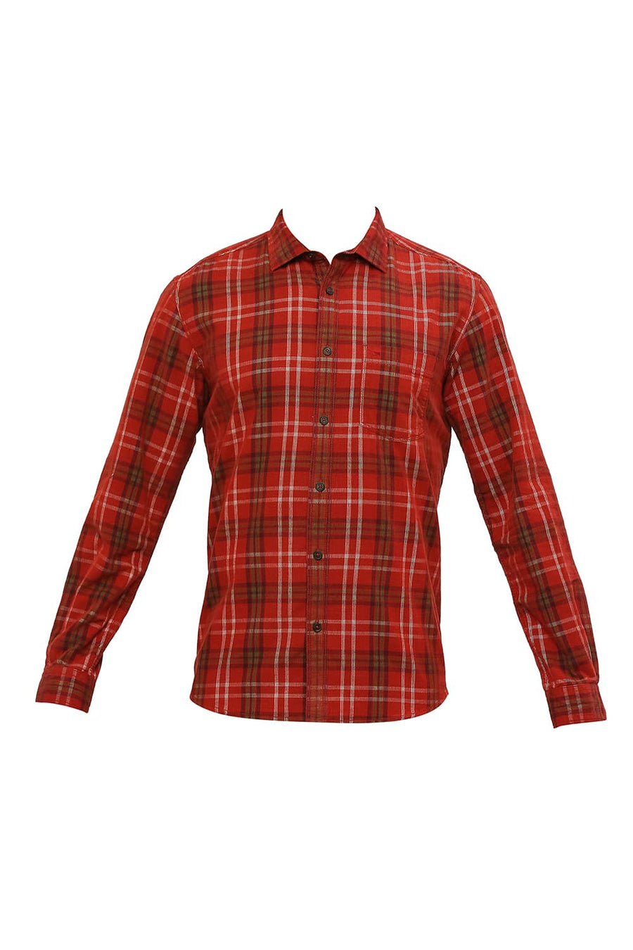 BASICS SLIM FIT MOLTEN LAVA RED COTTON CORDUROY CHECKS SHIRT