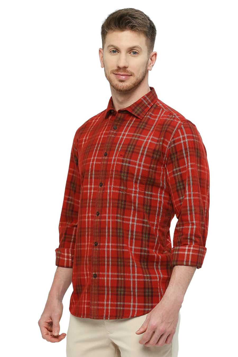 BASICS SLIM FIT MOLTEN LAVA RED COTTON CORDUROY CHECKS SHIRT