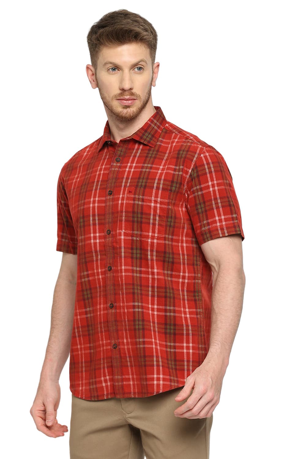 BASICS SLIM FIT COTTON CORDUORY CHECKS HALFSLEEVES SHIRT