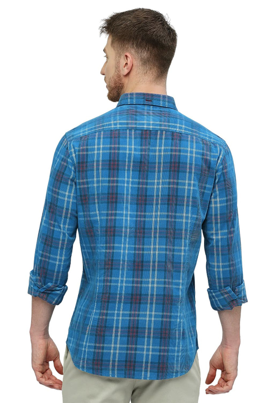 BASICS SLIM FIT VALLARTA BLUE COTTON CORDUROY CHECKS SHIRT