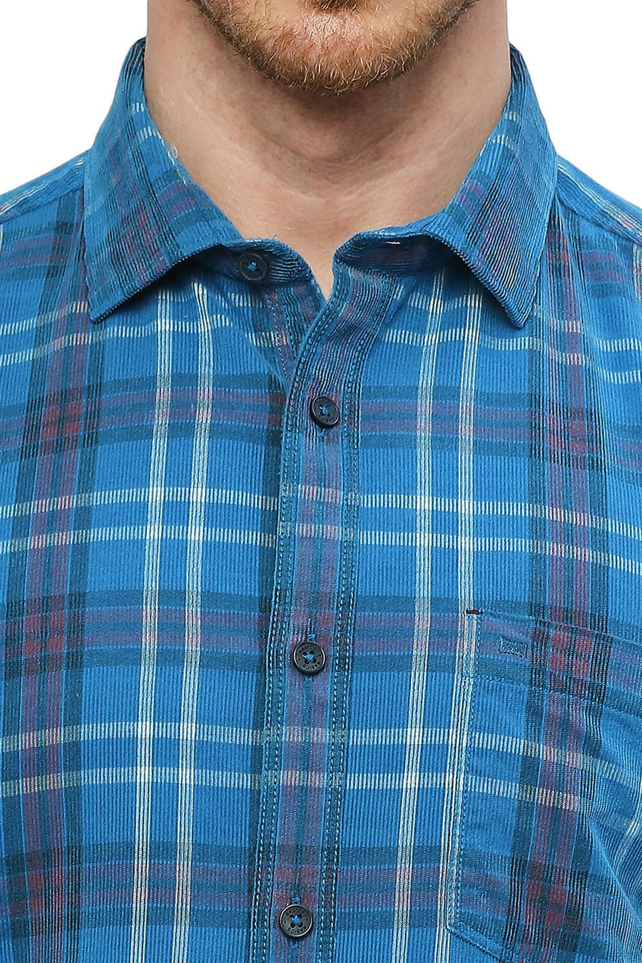 BASICS SLIM FIT VALLARTA BLUE COTTON CORDUROY CHECKS SHIRT