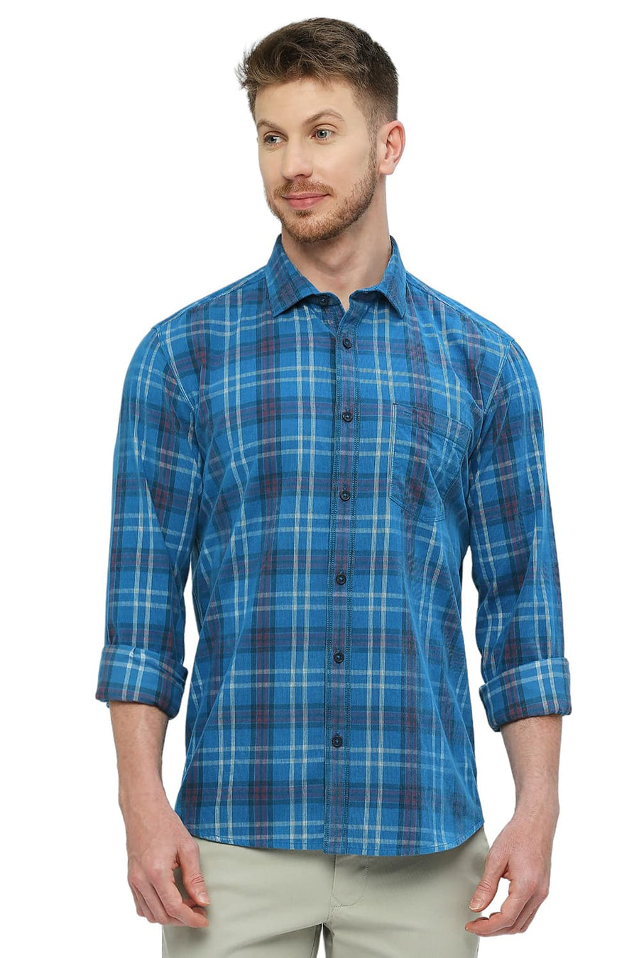 BASICS SLIM FIT VALLARTA BLUE COTTON CORDUROY CHECKS SHIRT