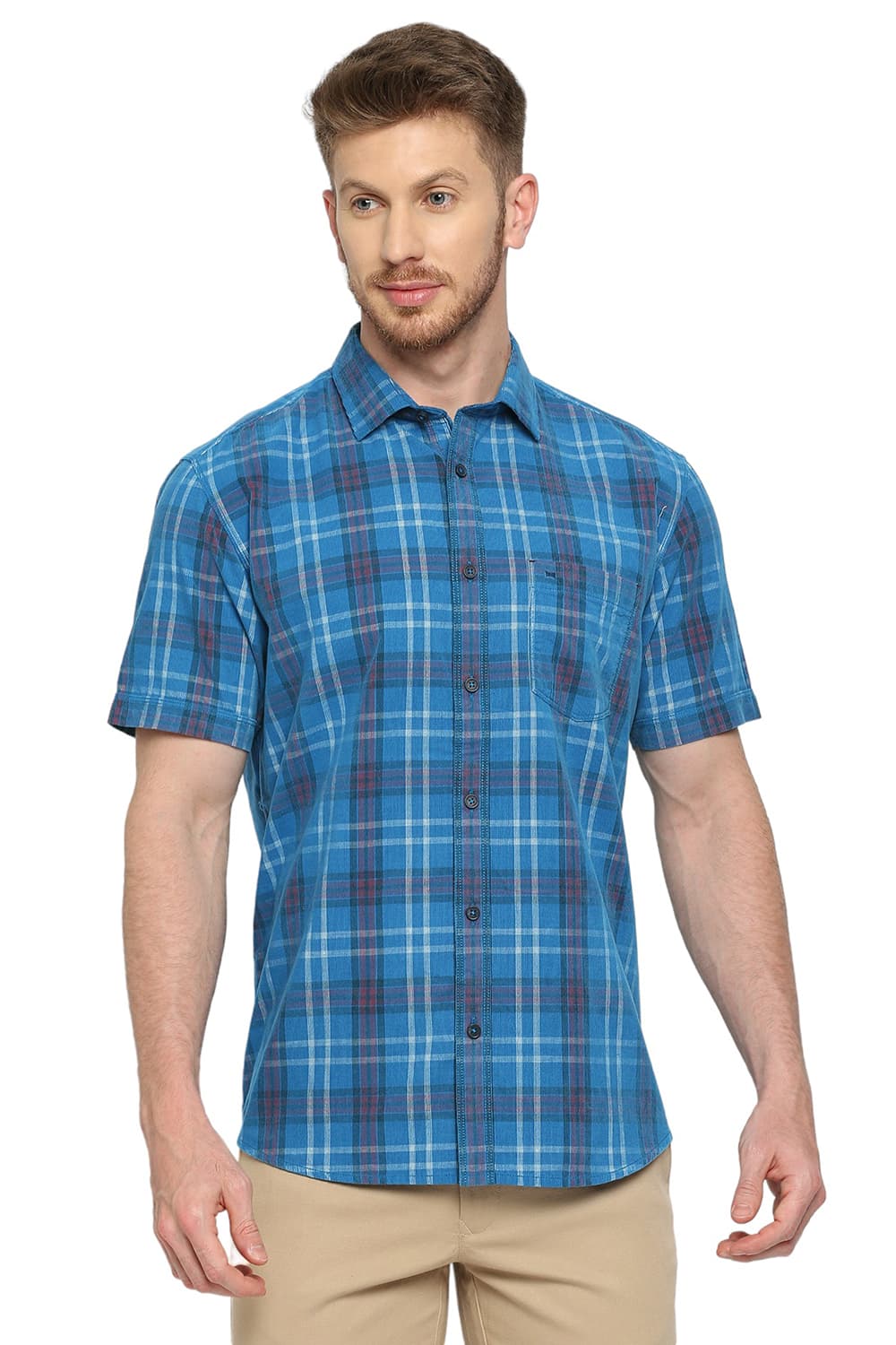 BASICS SLIM FIT COTTON CORDUORY CHECKS HALFSLEEVES SHIRT