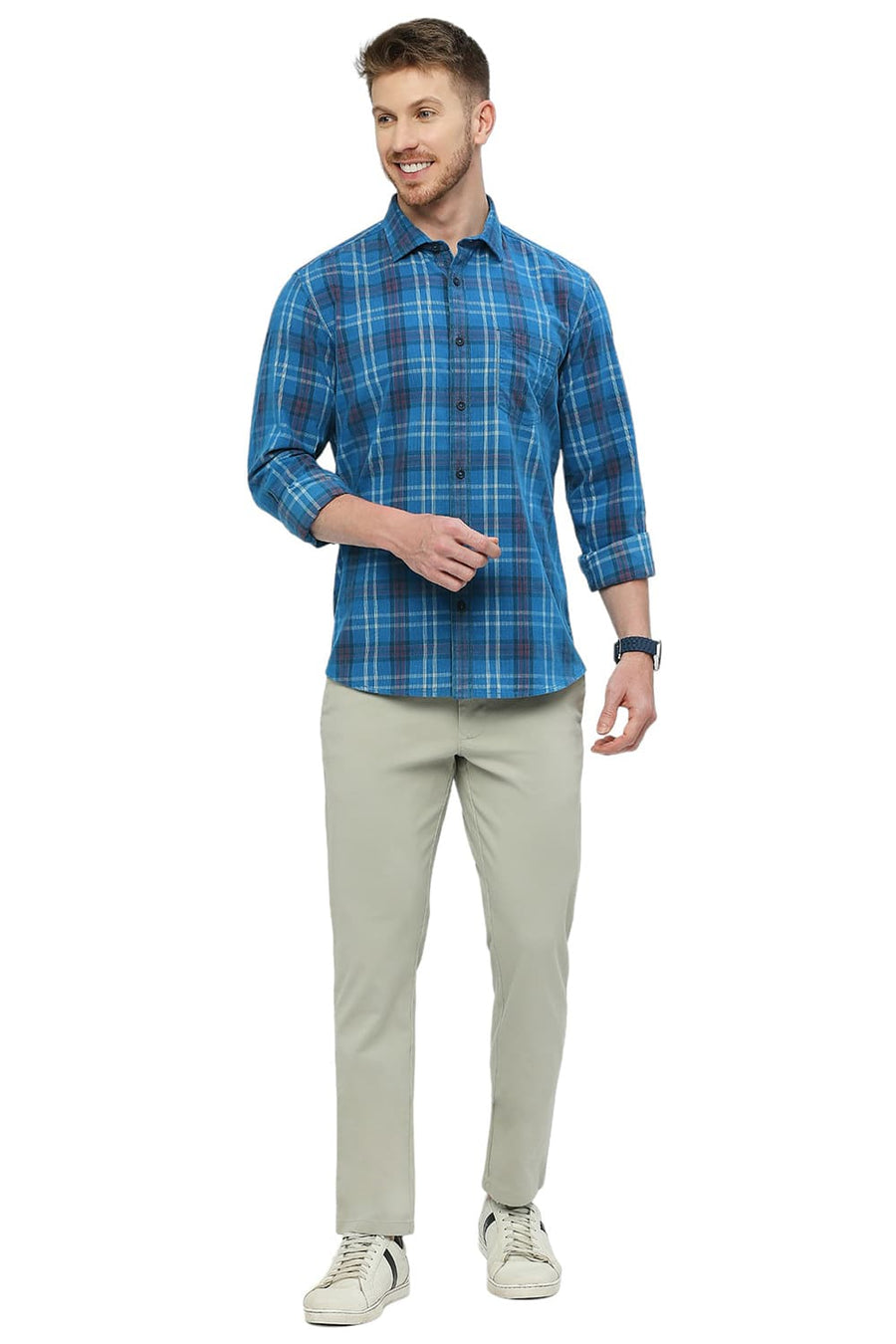 BASICS SLIM FIT VALLARTA BLUE COTTON CORDUROY CHECKS SHIRT