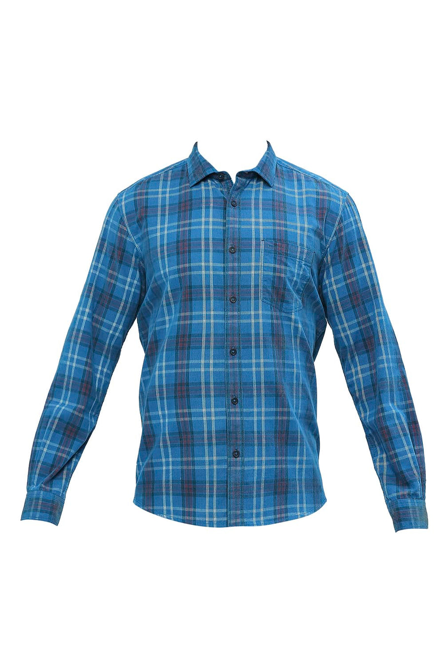 BASICS SLIM FIT VALLARTA BLUE COTTON CORDUROY CHECKS SHIRT
