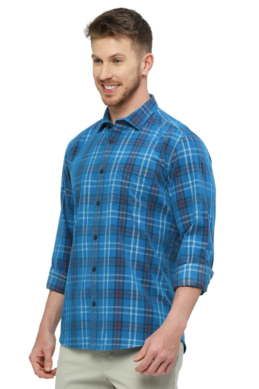 BASICS SLIM FIT VALLARTA BLUE COTTON CORDUROY CHECKS SHIRT