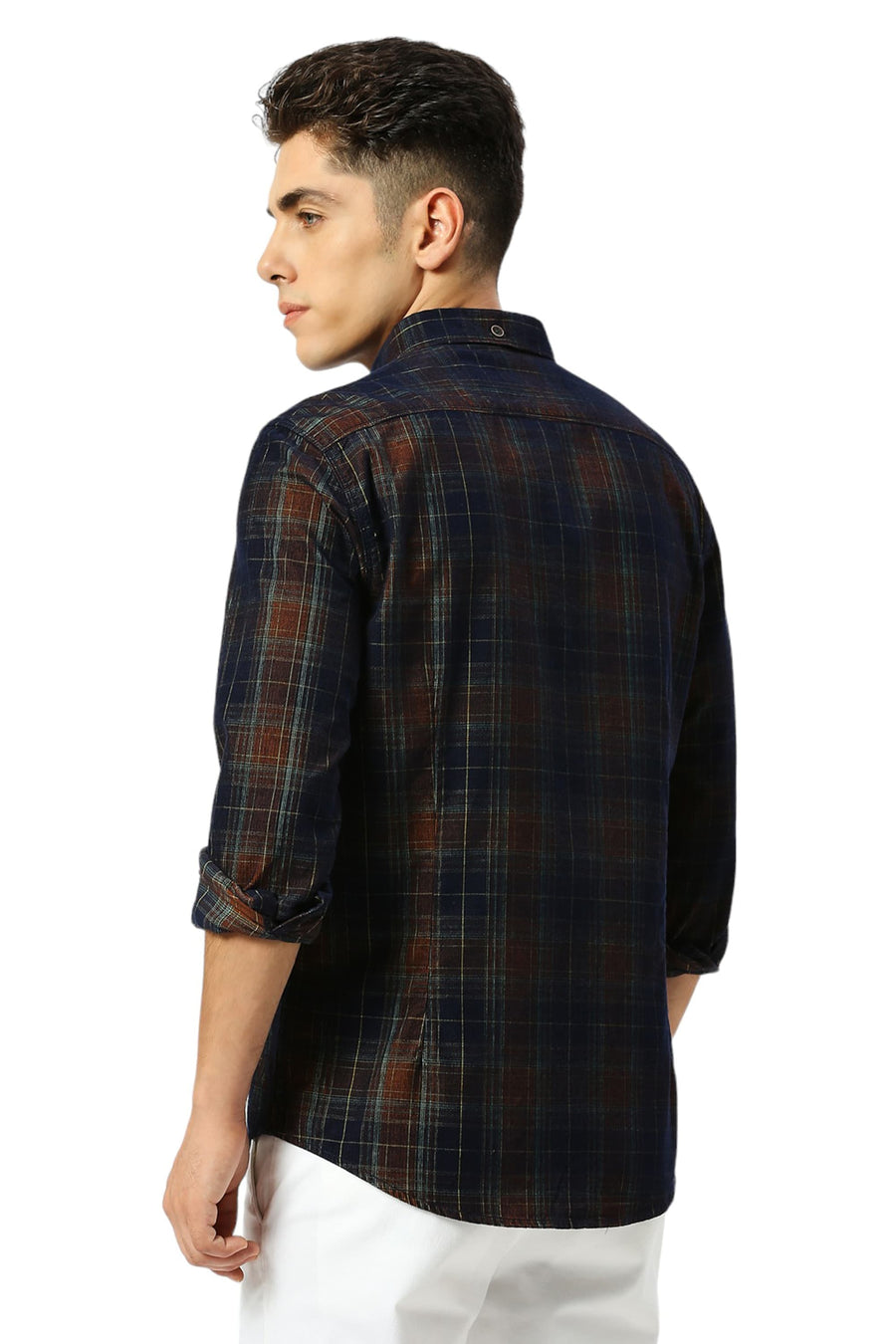 BASICS SLIM FIT NAVY BLAZE COTTON CORDUORY CHECKS SHIRT
