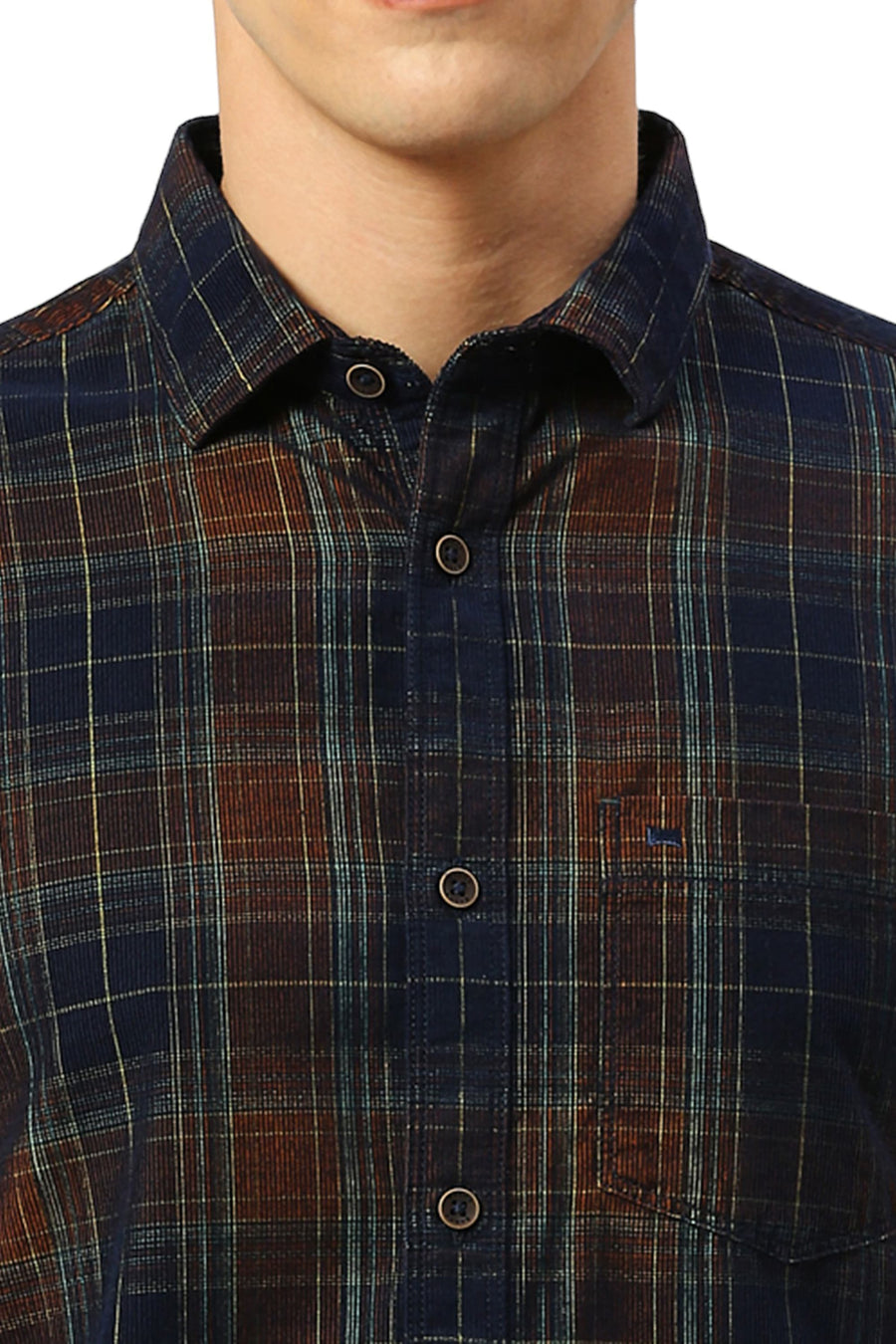 BASICS SLIM FIT NAVY BLAZE COTTON CORDUORY CHECKS SHIRT